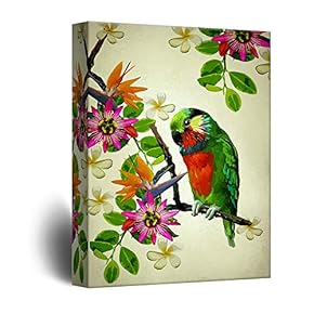 Canvas Wall Art - Vintage Style Parrot on Flower Branch - Giclee Print Gallery Wrap Modern Home Art Ready to Hang - 12x18 inches