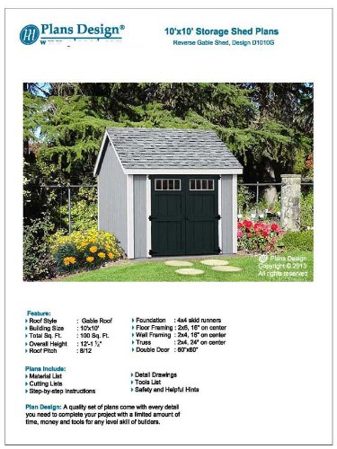 Storage Shed Plans 10' x 10' Reverse Gable Roof Style Design # D1010G, Material List and Step By Step Included - Thumbnail 2