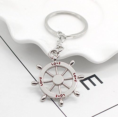 ODETOJOY Pair of 2 pieces for him and his nautical steering wheel anchor key chain, Silver - Image 3