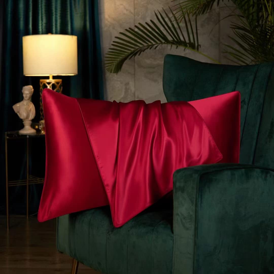 Set of 2 Charmeuse Silk Pillowcases for Hair and Skin, Satin Weave, with Hidden Zipper(Burgundy, Standard 50x75cm) — image 1