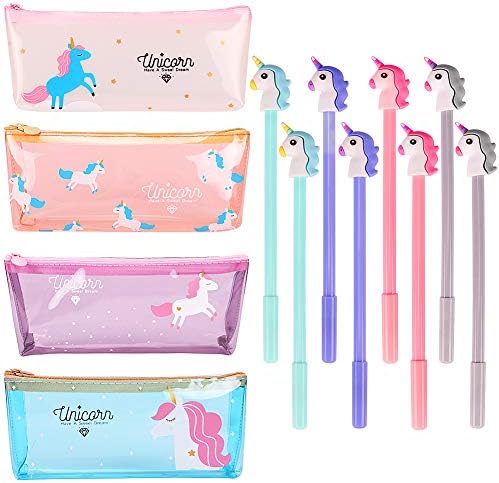 4 Pack Unicorn Pencil Case with 8 Pcs Unicorn Gel Pens Pencil Box Holder Pouch Unicorn School Supplies Unicorn Gifts for Kids Girls Boys Teens