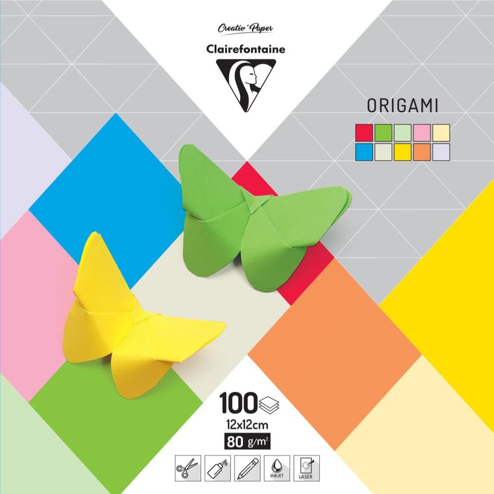 Clairefontaine 95008C Pack of 100 Sheets of Origami Paper 80g/m² Format 12x12cm Smooth Mass Dyed Coloured Creative Leisure Mixed Ast 10 Different Colours