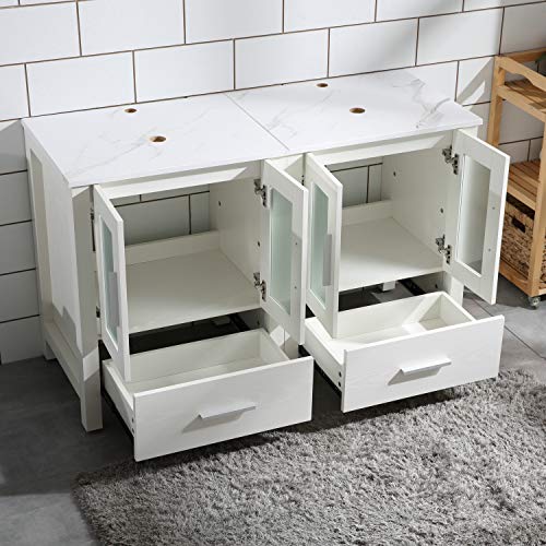 48" Double Sink Bathroom Vanity Cabinet White Marble Pattern Top w/Mirror Faucer & Drain (Ceramic Sink) - Thumbnail 4