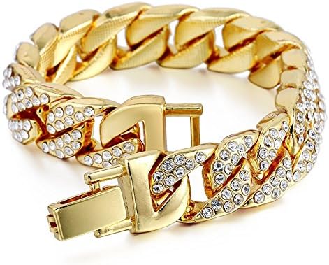 Aiyo Fashion 18k Gold Plated Cuban Link Bracelet Hip Hop Bracelet Stainless Steel Bracelet Iced Out with Bling Rhinestones Mens Womens