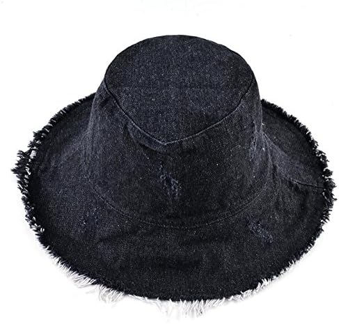 SYBKNSTW Summer Washed Denim Sun Hat Women Tassel Floppy Cap Ladies Wide Brim Beach Bucket Hats Black 56-58cm