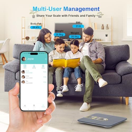 Personenwaage, angeschlossen, Bluetooth, mit 2 VA-Bildschirmen und ITO-Beschichtungstechnologie, 16 Körperdaten mit Herzfrequenz, App, für Android und iOS 180 kg/400 lb, silberfarben