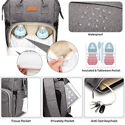 Diaper Bag Backpack, Travel Foldable Baby Bed, Portable Sleeping Mummy Bag, Multifunction Large Capacity Baby Bassinet with USB Charging Port, Waterproof and Stylish, Grey