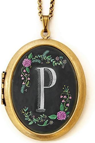Dearest Mine Women's Brass Plated Chalkboard Initial Deluxe Art Locket Necklace Letter P 28 Inches
