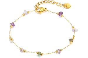 VJOSA Fashion 18K Gold Plated Colorful Natural Stone Bracelet Stainless Steel Link Chain Bracelet