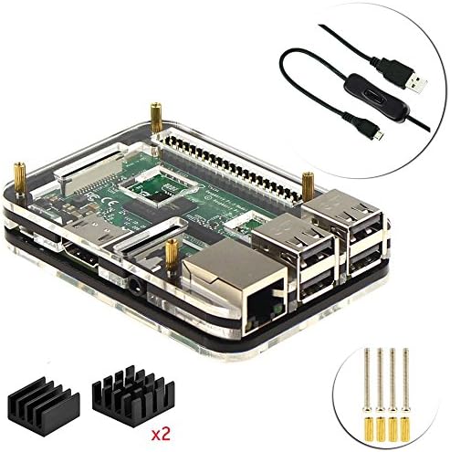 Case Kit for Raspberry Pi 3 (5 layers Acrylic Case, 3Pcs heatsink, ON/OFF Switch USB Cable) (Black)