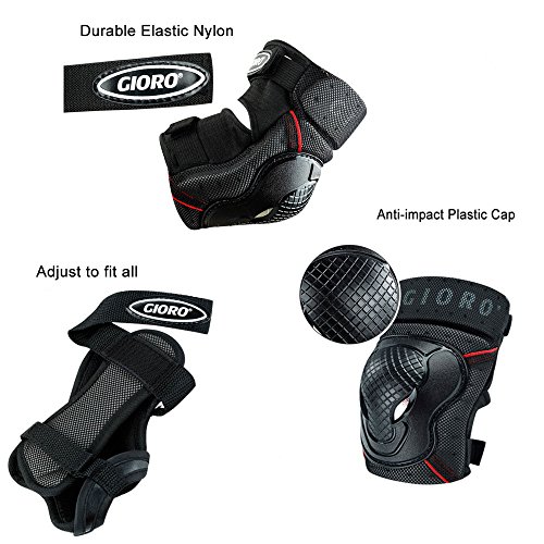 GIORO Youth/adult Knee Pads and Elbow Pads Set with Wrist Guard Safety Protective Gear Set for Multi Sports Protection Skateboarding,Ice Skating,BMX bike,Inline Roller Skating，longboarding(black, M) - Thumbnail 2