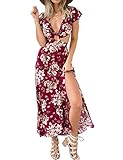 Eshion Women's Boho V Neck Backless Retro Split Floral Maxi Dress
