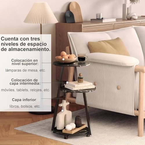 Simple Wisdom Mesa Auxiliar,Mesa Auxiliar Sala Redonda Lateral 3 Niveles,Mesita de Noche,Buros para Recamara,para Sala de Estar, Dormitorio, Estilo Industrial,Tamaño: 30 * 30 * 60 CM. (Mármol+Negro)