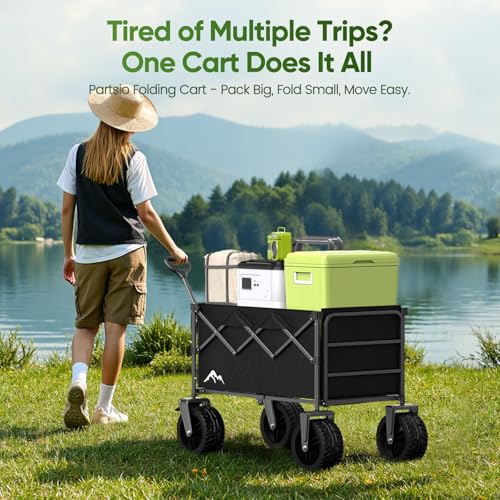 Festival Trolley, 300L Folding Beach Trolley Cart with Adjustable Tailgate, 360° Wheels and Brake Load up 150KG, Adjustable Handle Cover Bag, All-Terrain Wagon or Beach Camping Garden
