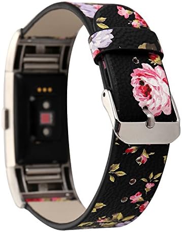 Leather Band for Fitbit Charge 2,New Flower Print Pattern Wrist Bands Strap Bracelet Replacement Watchband Accessories for Fitbit Charge 2 Smartwatch Fitness Tracker (Black+ Pink)