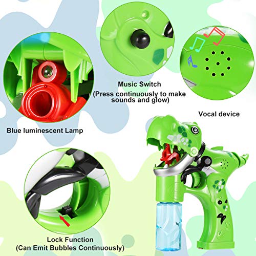 Bubble Gun,Dinosaur Bubble Shooter Electric Music Bubble Dispenser for Toddlers Soap Bubble Blower Toy Automatic Bubble Wand with Music & Lights Extra Refill Bottle Bubble Toy for Kids 3+ Years Old