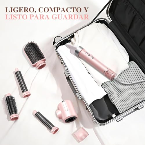 Secadora de Cabello 6 En 1 Profesional, 150,000 RPM Cepillo Secador de Cabello, Temperatura Ajustable Y Velocidades, Estilizador de Cabello con 6 Accesorios para Secado, Rizado, Alisado Y Voluminizar