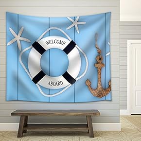 Decorative Lifebuoy, Anchor and Starfish sea Shells Over Wooden Blue Background. - Fabric Wall Tapestry Home Decor - 51x60 inches