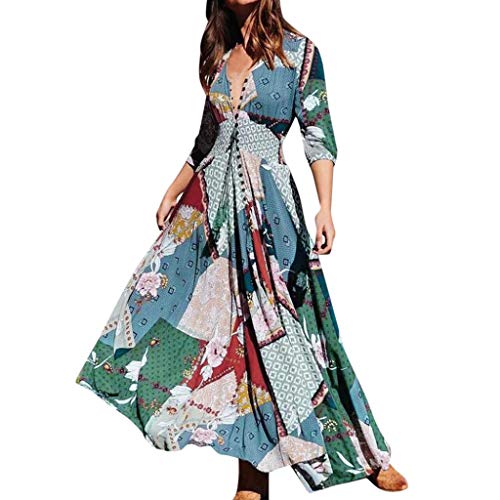 Sengei Elegant Women Casual Long Dresses Printing Summer Party Dresses 3/4 Sleeve V Neck Beach Party Long Maxi Dress (S, Green)