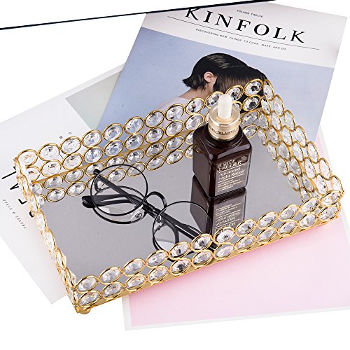 Feyarl Crystal Beads Cosmetic Tray Rectangle Jewelry Organizer Tray Mirrored Decorative Tray (Gold)