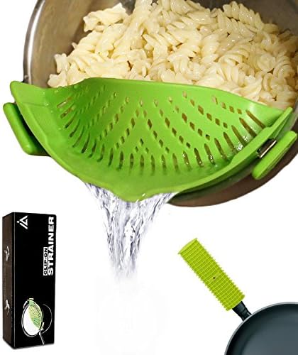 Insanealia Clip-On Strainer with Pan Handle Holder BONUS – Pasta Pot Strainer - Food Strainer for Spaghetti, Ground Beef and Grease - Cool Kitchen Gadgets