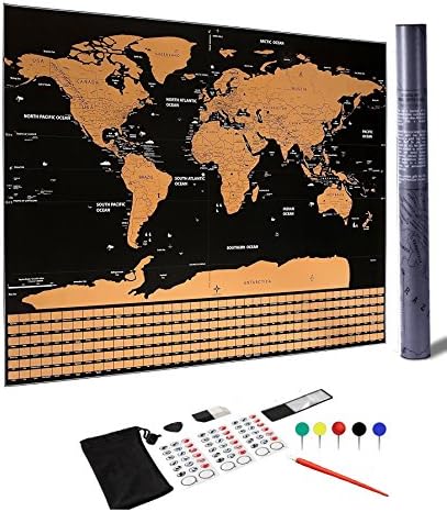Scratch Off World Map Poster - with US States and Country Flags, Track Your Adventures. Includes Footprint Stickers,Cleaning Cloth,Scratch Pen,Eraser,Magnifier,Pouch, Perfect Gift for Travelers