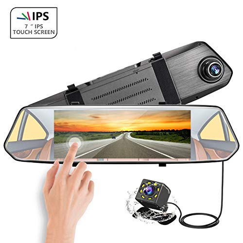 ZOMFOM Mirror Dash Cam 7'' Touch Screen Stream Media,Full HD1080P Dual Lens Backup Camera, Car Dvr with Motion Detection G-Sensor Night Version,Parking Monitoring and Reversing Assistan