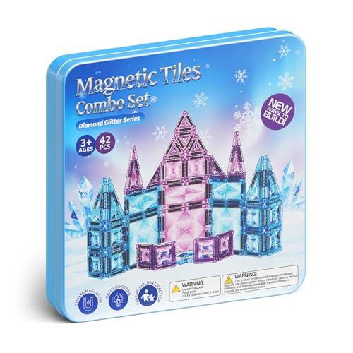 burgkidz Magnetic Building Blocks Travel Toy for Girls, 42 Pieces Ice Princess Magnetic Tiles in Metal Box - 60 Minutes Quiet 30s Tidy Up - Car Train Plane Gift 3 4 5 6 7 8 Years