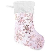 senya Christmas Stockings Hanging Bags 2PCS, Seamless Rose Gold Snowflakes 18" Stocking Holders Gift Treat Bag for Family Holiday Xmas Party Decorations