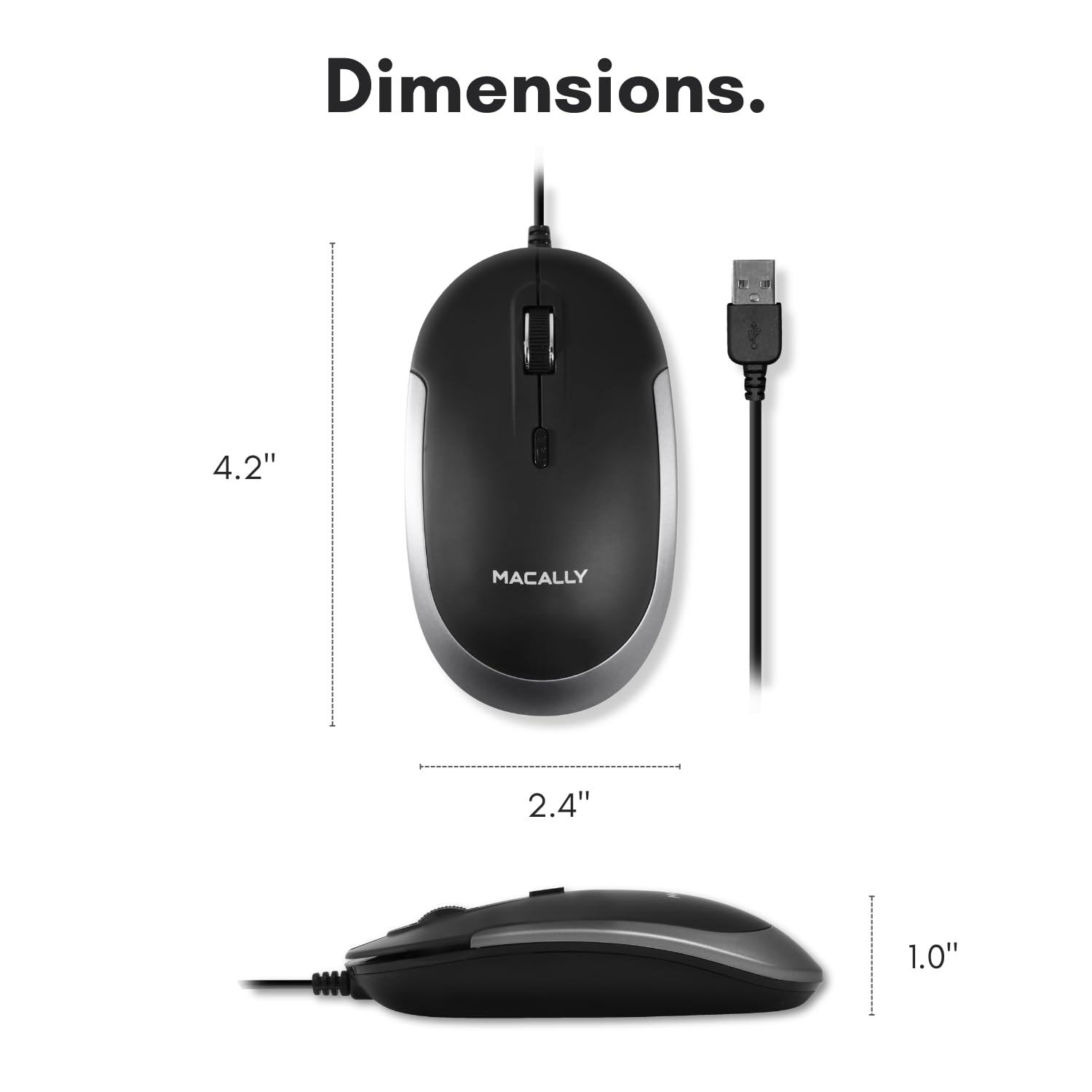 Macally Silent Wired Mouse - Slim & Compact USB Mouse for Apple Mac or Windows PC Laptop/Desktop - Designed with Optical Sensor & DPI Switch - Simple & Comfortable Wired Computer Mice (Space Gray)
