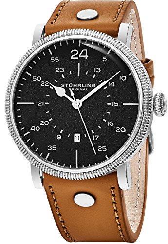 Stuhrling Original Mens Watch. Analog Quartz Military Aviator Wrist Watch. Genuine Tan Calfskin Leather Strap, Black Dial, 24-hour watch. Vintage watches for men. 22mm watch band.