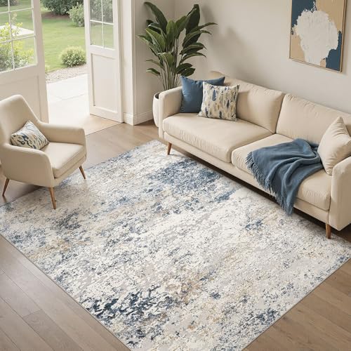 DMOYEST Area Rug Living Room Rugs - 5x7 Abstract Large Soft Indoor Washable Rug Neutral Modern Low Pile Carpet for Bedroom Dining Room Farmhouse Home Office - Beige Blue