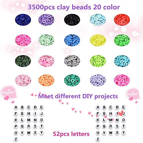 Joojus 3500+ Pcs 6mm 20 Colors Flat Round Polymer Spacer Clay Heishi Beads DIY Jewelry Marking Kit for Jewelry Making Bracelets Necklace Earring, DIY Craft Kit Findings with Pendant and Jump Rings