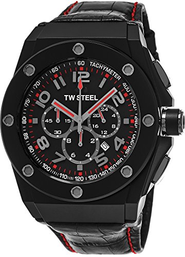 TW Steel CEO Tech Large Round Stainless Steel Black Watch - Black Dial Date 24-hour TW Steel Watch Mens - Black Leather Band 48mm Chronograph Watch CE4009