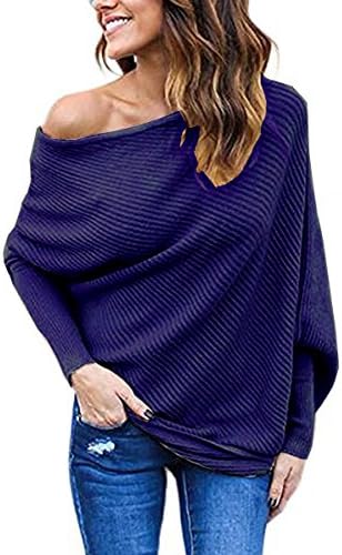 BLINGLAND Women's Off Shoulder Loose Pullover Sweater Knit Jumper Navy Blue L