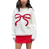 Sumleno Women's Y2K Bow Knit Sweater Cute Aesthetic Clothes Crewneck Long Sleeve Knitted Pullover Top Baggy Knitwear