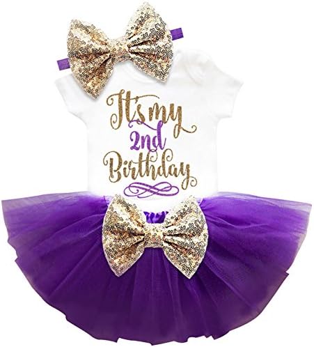 Newborn Baby Girls 1st 2nd Birthday Bodysuit Romper Skirt Outfits Infant Baby Clothing (2T, Purple)