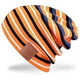 Bluetooth Beanie Hat,Mydeal Slouchy Skully Strip Cap with Wireless Bluetooth Headphone Headset Earphone Music Audio Hands-free Phone Call for Winter Sports Fitness Gym Exercise Workout - Black/Orange