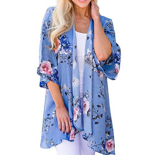 vermers Clearance Sale! Women Kimono Cardigans Summer Floral Chiffon Blouse Cover Ups (L, Blue)