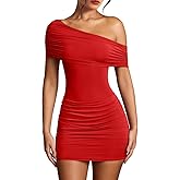 XXTAXN Women's Summer Sexy Elegant Cocktail Party One Shoulder Short Sleeve Ruched Mini Dress