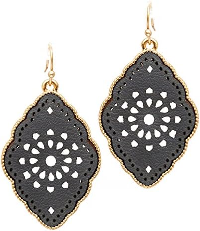 Gray and Light Pink Leather Filigree Dangle Earrings