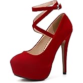 Women's Platform High Heel Pumps with Criss Cross Ankle Strap, Closed Toe, Dress Shoes