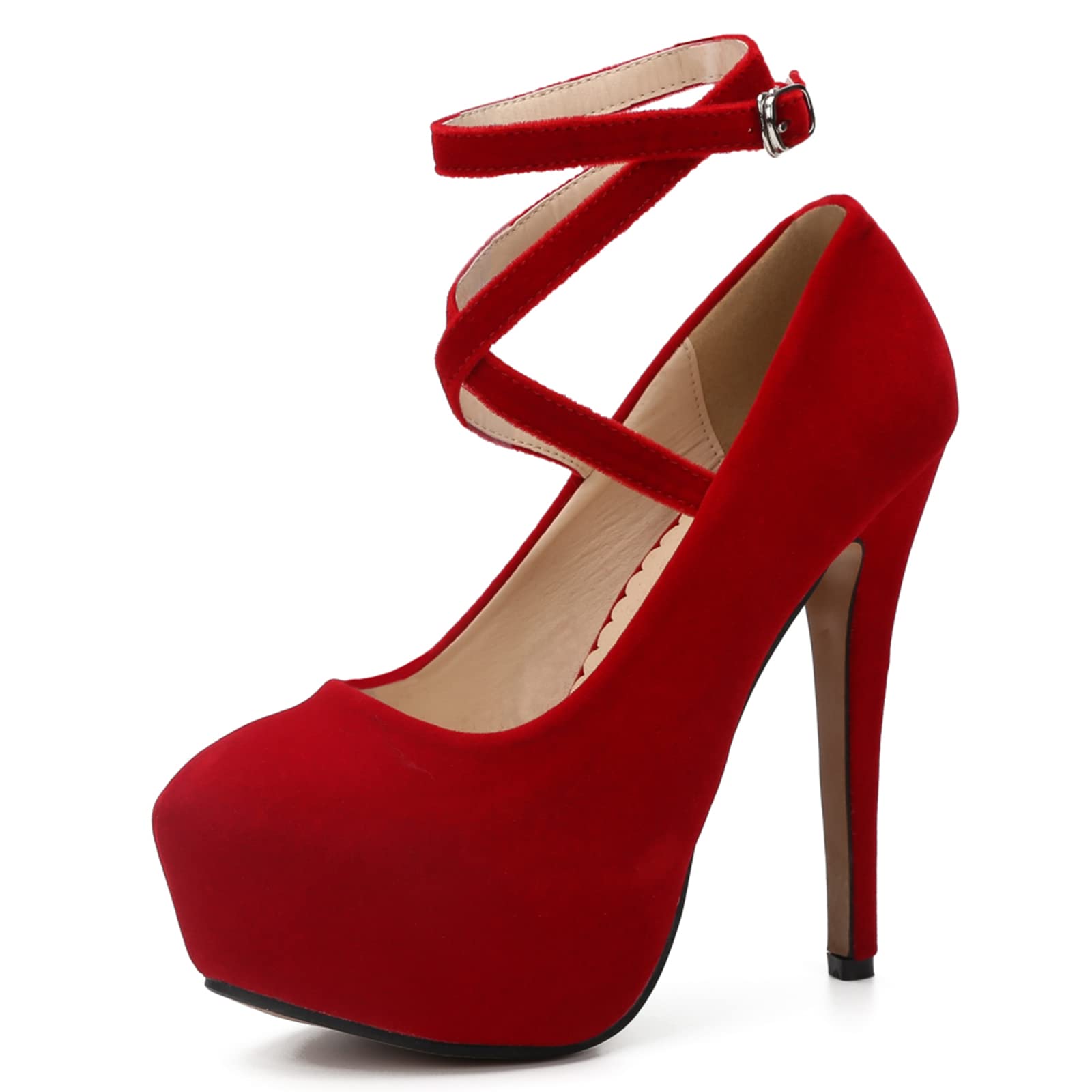 Photo 1 of Women's Ankle Cross Strap Pumps Platform Stiletto High Heel Dress Shoes Red Velvet-14cm 41 - US 8.5