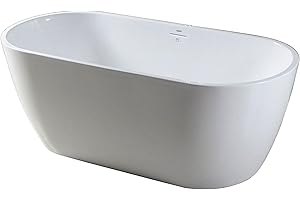 FerdY Bali 59" Acrylic Freestanding Bathtub, Gracefully Shaped Freestanding Soaking Bathtub with Brushed Nickel Drain & Minimalist Linear Design Overflow, Glossy White, cUPC Certified
