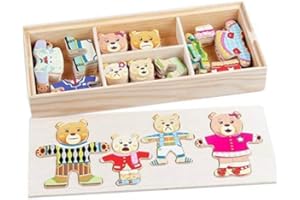 Itian 72 Pieces Wooden Wooden Bear Family Dress-Up Puzzle Games with Storage Case Educational Toy for Children