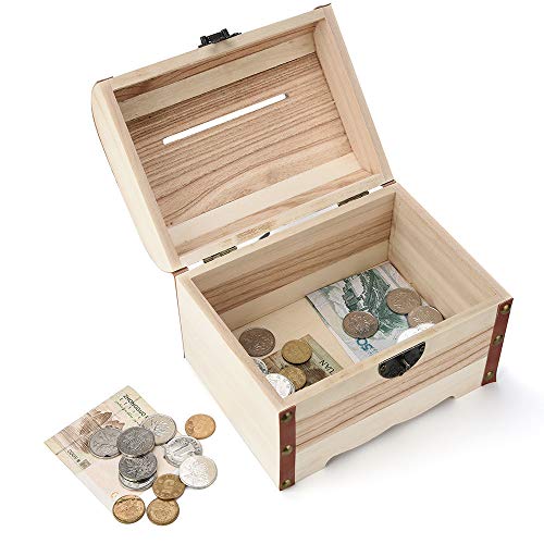 Lucoo Coin Bank ,Wooden Piggy Bank Safe Money Box Savings with Lock Wood Carving Handmade