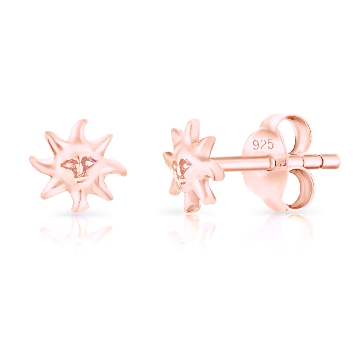 DTPsilver® SMALL 925 Sterling Silver Rose Gold Plated Studs Earrings - Sun with Face - Diameter: 5 mm