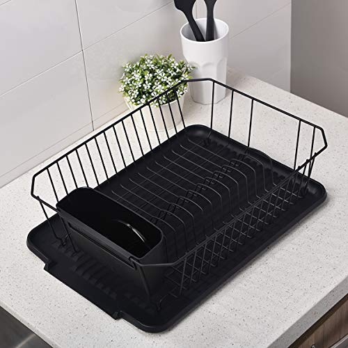 ENGELCH Matte Black Rust-Proof Kitchen Draining Dish Drying Rack, Dish Rack With Black Drain Board, 1 Wide Tableware Rack and Knife Holder Accessory