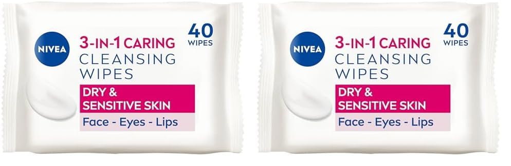 NIVEA Biodegradable Caring Cleansing Wipes Dry Skin, Biodegradable Wipes made from 100% Plant Fibres, Make-Up Wipes, Face Wipes Makeup Remover, (40 sheets) (Pack of 2)