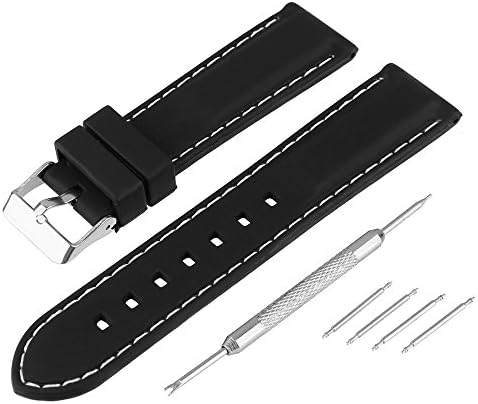 Bewish Silicone Rubber Strap Watch Band Replacement Red/White Stitching + Spring Bar Removal Tool